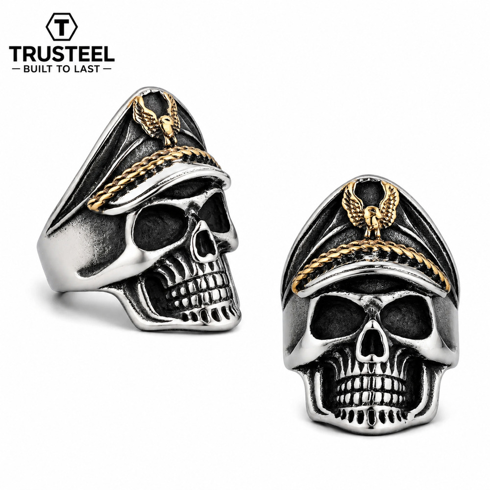 Military Skull 316L Stainless Steel Army Officer Gothic Biker Men’s Ring size 8
